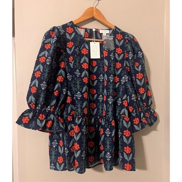 Mudpie Womens M Pierce Flounce Top Blue Statement Elbow Sleeve Floral Peplum New - Picture 8 of 14